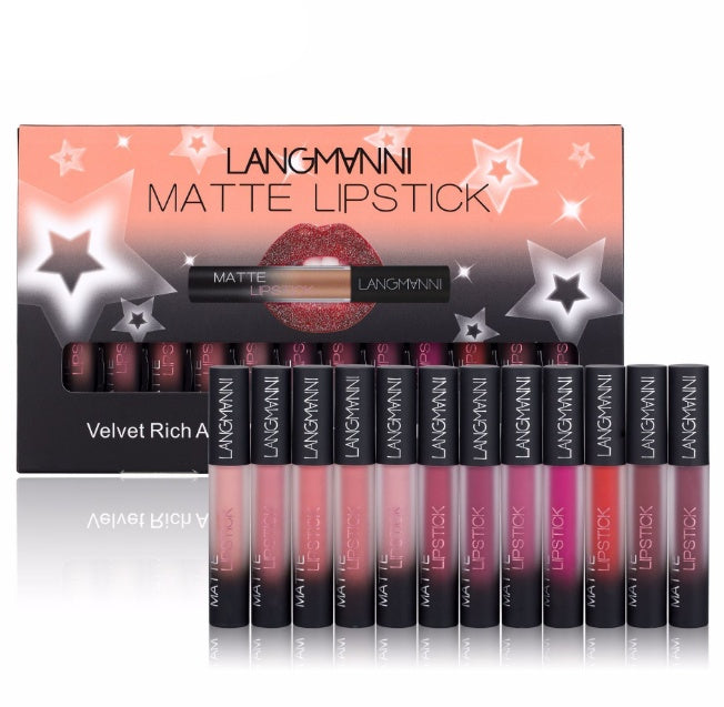 Matte Lipstick Waterproof Long-lasting Velvet Lipstick Set by 6ixDrips featuring a display of various lipstick shades with stars in the background.