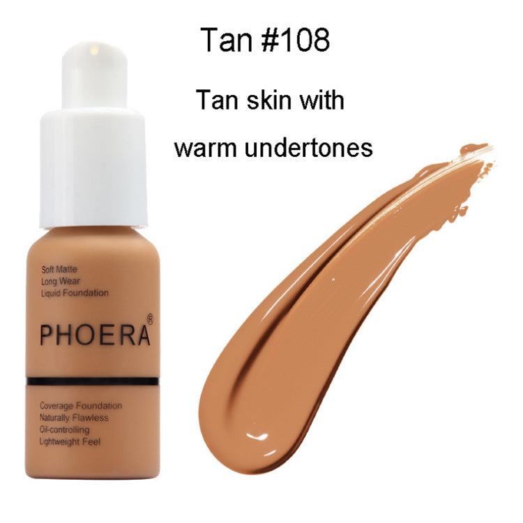 Tan #108 liquid foundation with warm undertones for a natural, flawless complexion.