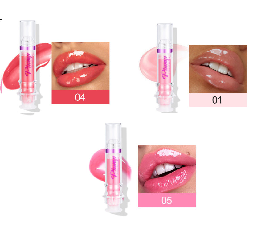 Colorful lip glosses with different shades of pink and red in glass tubes, displayed in the product image.