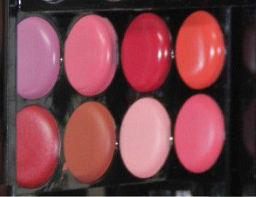 Assorted lipstick and lip gloss palette in vibrant pink and red shades displayed in black compartments.