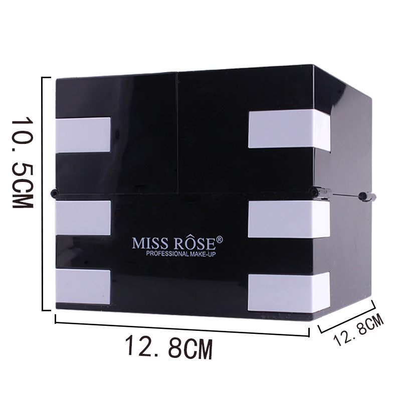 Large black makeup palette with "MISS ROSE" printed on the front, featuring a variety of eyeshadows, blush, and eyebrow products.