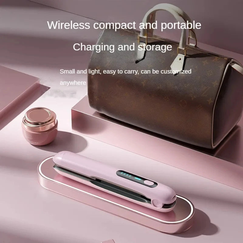 Wireless compact and portable hair straightener with charging and storage capabilities, small and light, easy to carry, customizable design.