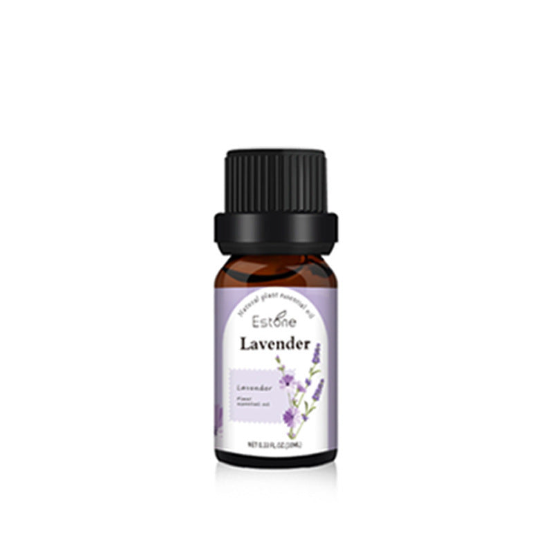 Lavender essential oil bottle with product label and black dropper cap in white background