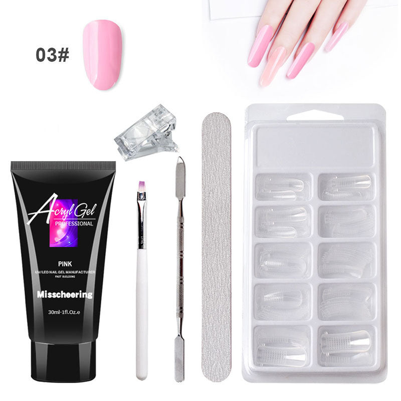 Painless crystal gel nail art set with pink gel, application tools, and clear nail tips for a quick and easy manicure at home.