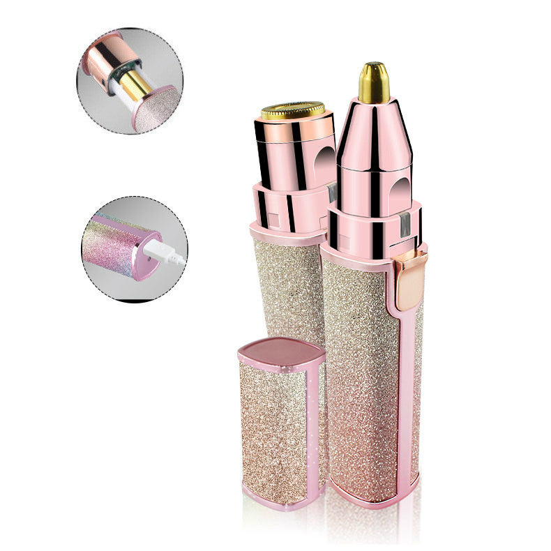 Elegant electric eyebrow trimmer and lipstick in stylish pink and gold design