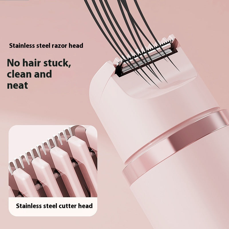 Dual-head electric shaver for painless bikini hair removal with stainless steel razor and cutter heads, providing a clean and neat trim.