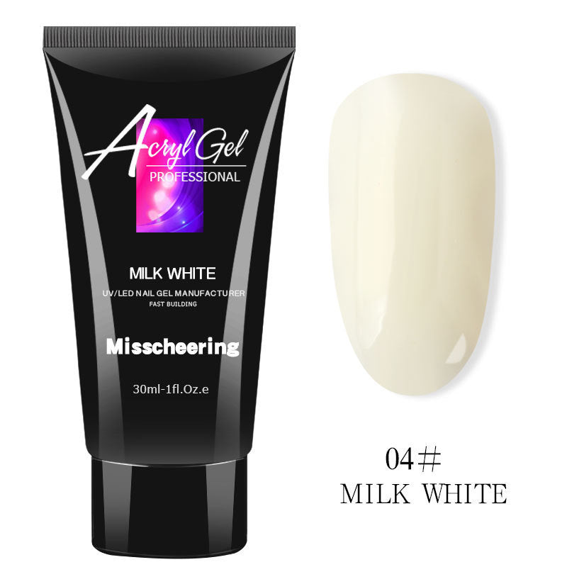 Milk white acrylic nail gel in a black tube with product details on the label, displayed against a plain background.