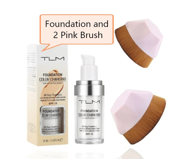 Portable temperature liquid foundation, concealer, and 2 pink makeup brushes