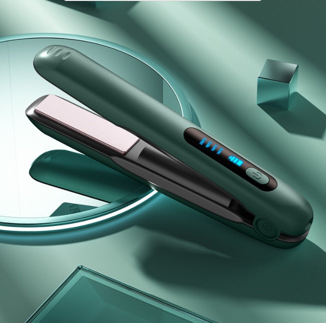 Wireless 2-in-1 hair straightener and roller, with 5000mAh battery, USB charging, and stylish green design.