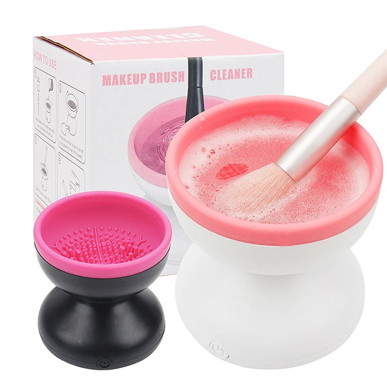 Electric Makeup Brush Cleaner machine with pink cleaning bowl and brush attachment for efficient brush cleaning