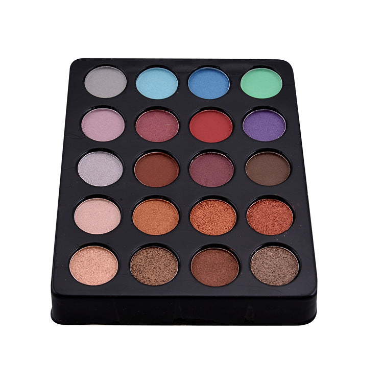 Colorful eyeshadow palette with 20 vibrant shades in various hues, including pastel blues, greens, and pinks, as well as warm copper and earthy tones, presented in a sleek black compact.