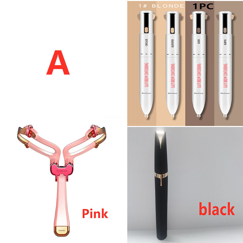 Eyebrow Shaping Set: Foldable adjustable eyebrow stencil in pink, with precision eyebrow pencils in blonde and black shades for defining and grooming brows.