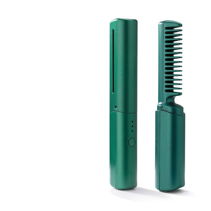 Compact Wireless Hair Straightener Curler Comb in Emerald Green with Fast Heating and Negative Ion Technology