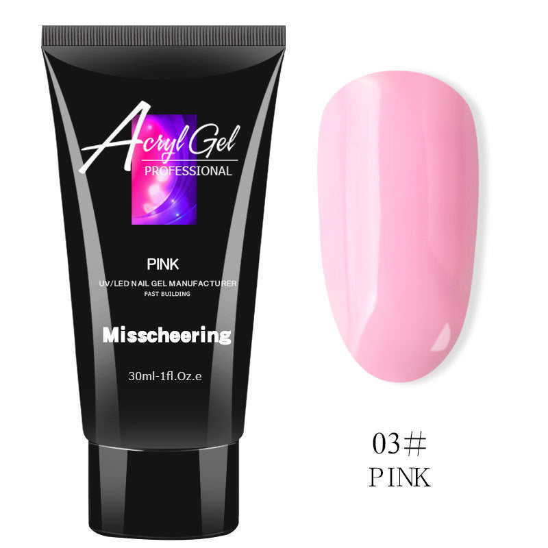 Acrylic nail gel in pink shade, contained in a black tube with colorful labeling. The product is displayed against a plain background, showcasing its key features.