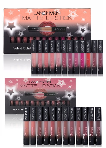 Matte Lipstick Waterproof Long-lasting Velvet Lipstick Set, 20-piece cosmetic product assortment displayed in a pink and black packaging with star patterns.