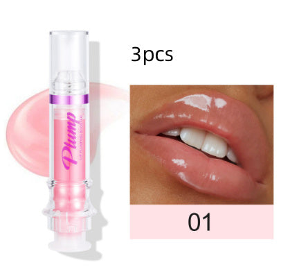 Glossy pink lip color in transparent tube, paired with close-up image of luscious, shiny lips