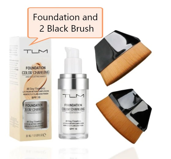 Foundation and 2 Black Brush - Portable natural makeup with SPF 15 and dual chambered concealing design