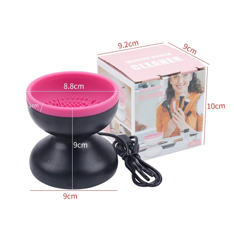 Electric Makeup Brush Cleaner Machine in pink and black with product dimensions displayed