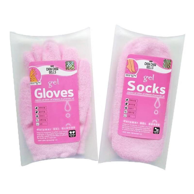 Soft pink gel gloves and gel socks for moisturizing and exfoliating hand and foot care, presented on a white background.