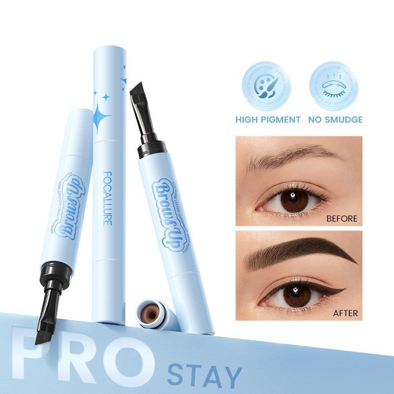 2-in-1 blue 3D eyebrow gel and eyeliner pencil with waterproof, long-lasting makeup formula showcased on a blue background with before and after makeup application images.