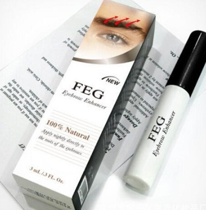 FEG Eyelash Enhancer - 100% natural eyelash growth serum in a sleek black bottle with packaging showcasing product details and a close-up of an eye with long, lush eyelashes.