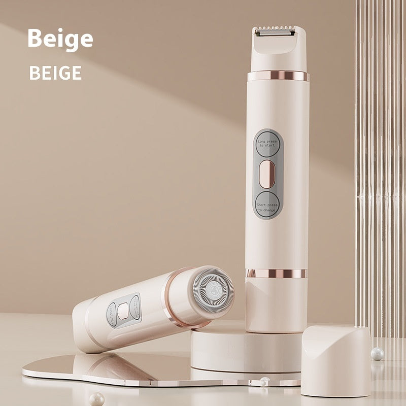 Sleek dual-head electric shaver and epilator for painless bikini hair removal, showcased in a stylish beige color design.