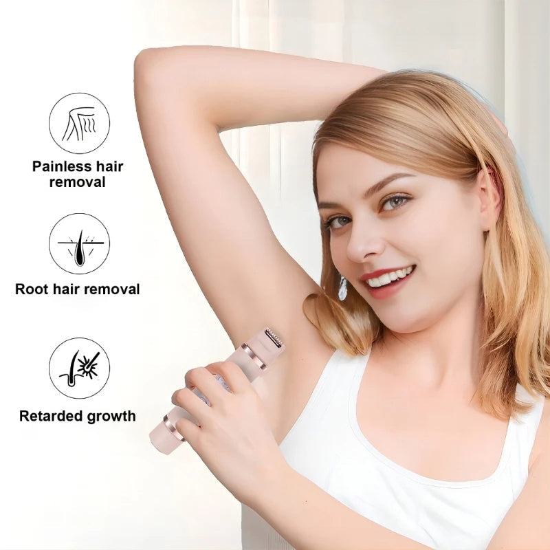 Dual-head electric shaver for painless and efficient hair removal, with features like root hair removal and retarded growth, as depicted by the smiling woman using the device on her underarm in the image.