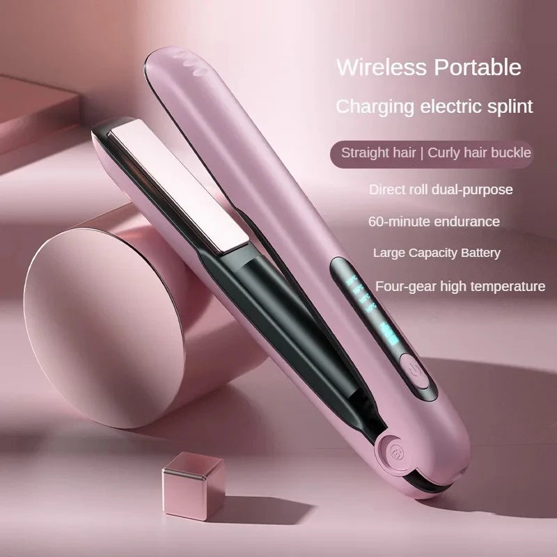 Wireless Portable Hair Straightener and Curling Iron with Dual-Purpose Design, Rechargeable Battery, and Four-Gear Temperature Control