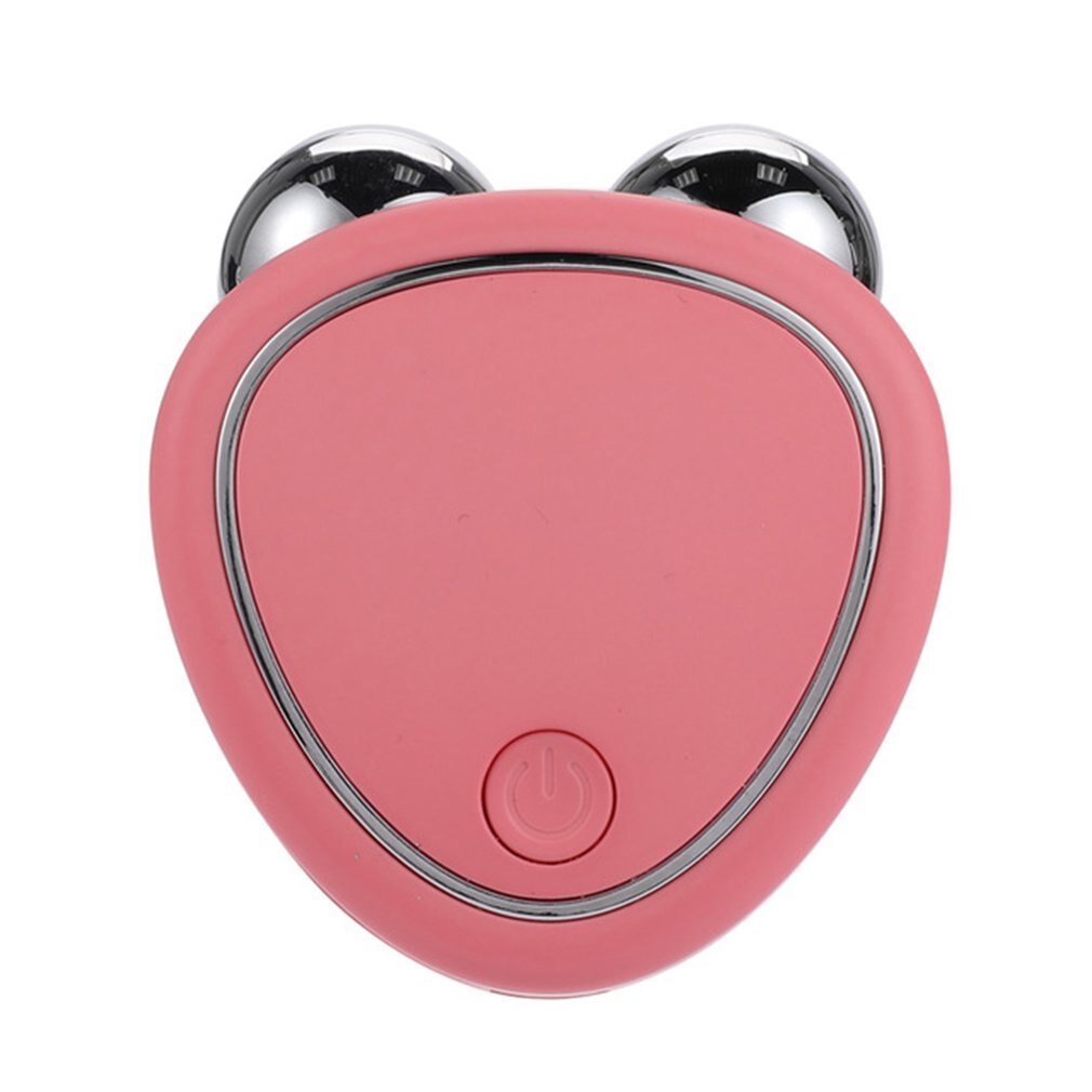 Portable facial micro-current beauty instrument with double roller massager for lifting, thinning, and reducing edema, in a sleek pink design.