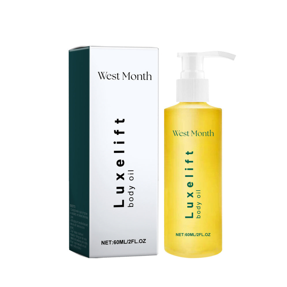 Luxurious body oil from West Month in a glass bottle with box packaging. This moisturizing skin care oil hydrates and nourishes the skin.