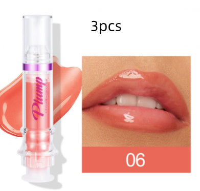 Vibrant coral lip color trio with luscious lip gloss effect for a smooth, glossy pout.