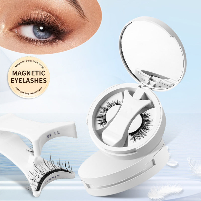 Magnetic false eyelashes with glue-free integrated storage box and mirror, displayed against a light blue background.