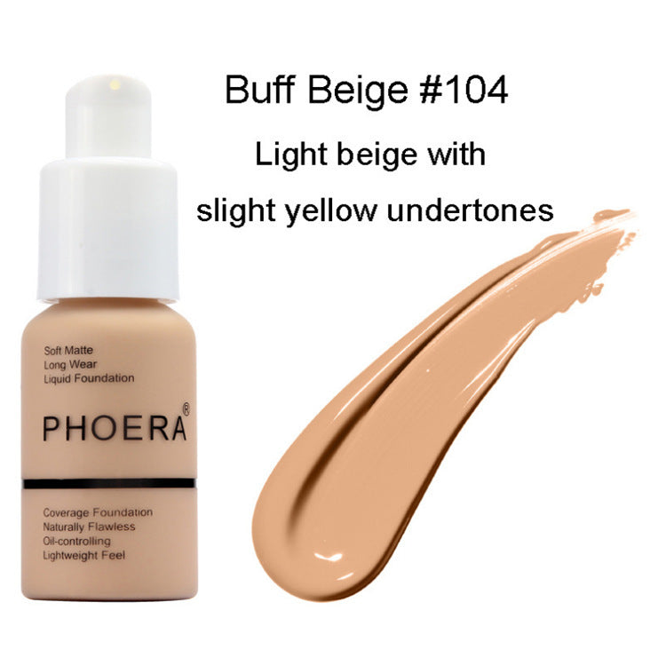 Light beige liquid foundation with slight yellow undertones, Buff Beige #104 by Phoera.