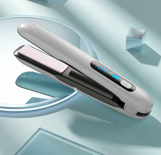 Sleek wireless hair straightener and flat iron with a compact 2-in-1 design and USB charging. Surrounded by reflective glass surfaces, showcasing its modern and portable appeal.