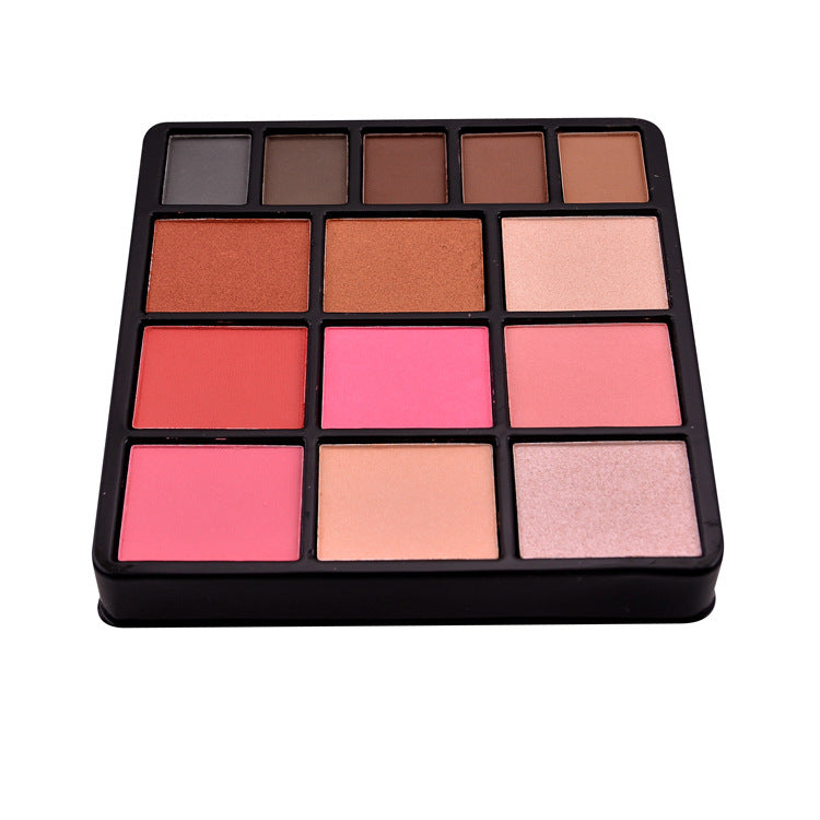 Comprehensive makeup palette featuring a variety of warm-toned eyeshadows, blushes, and highlighters in a sleek black compact for a complete beauty look.