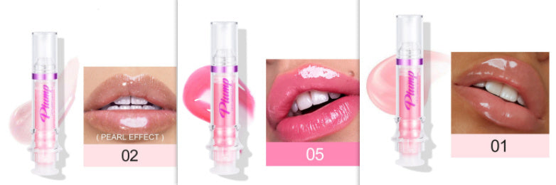 Glossy pink lip gloss in glass tubes showcasing different shades and textures for a moisturized and luminous lip look.