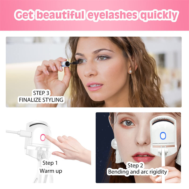 Heated electric eyelash curler with temperature control and styling for quick and beautiful eyelashes on woman's face