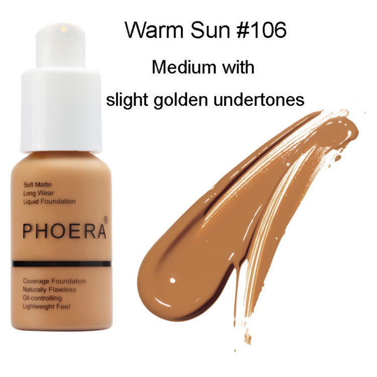 Warm Sun #106 Soft Matte Liquid Foundation from Phoera with medium coverage and slight golden undertones, presented against a white background.