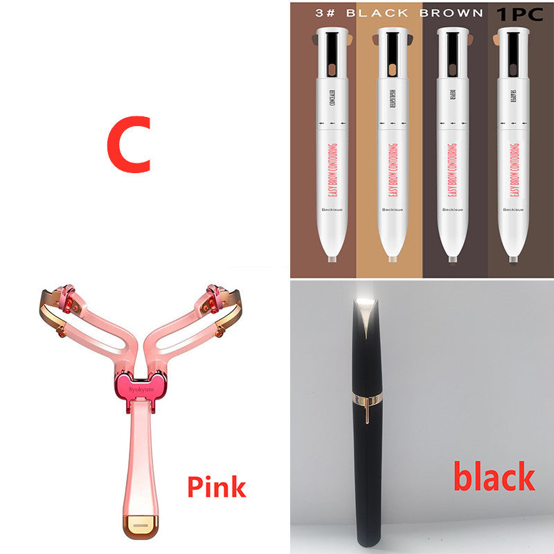 Eyebrow Shaping Set: 3-in-1 foldable, adjustable eyebrow stencil for makeup application in black, brown, and pink colors.