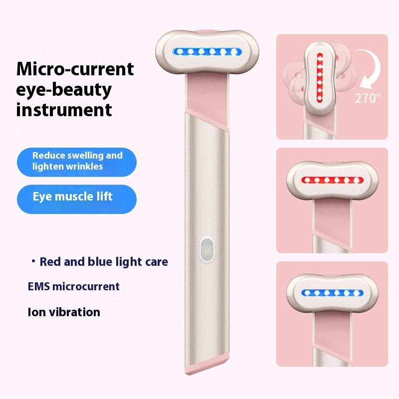 4-color electric eye massager with red and blue light therapy, EMS microcurrent, and ion vibration to reduce swelling, lighten wrinkles, and lift eye muscles.