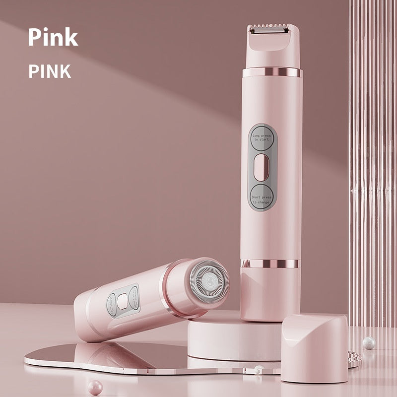 Dual-head electric shaver and painless epilator device in a sleek, pink design. The product is displayed on a plain surface against a minimal pink background, showcasing its portable and compact features.