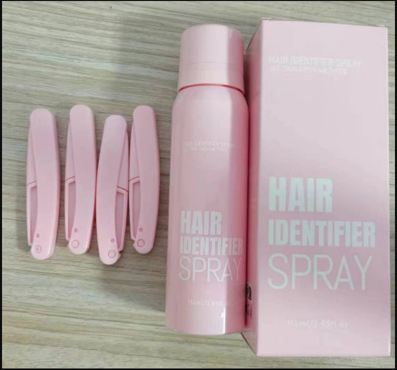 Hair Identifier Spray Set: Pink spray bottle with hair-cutting tools, moisturizing and shaving product for face