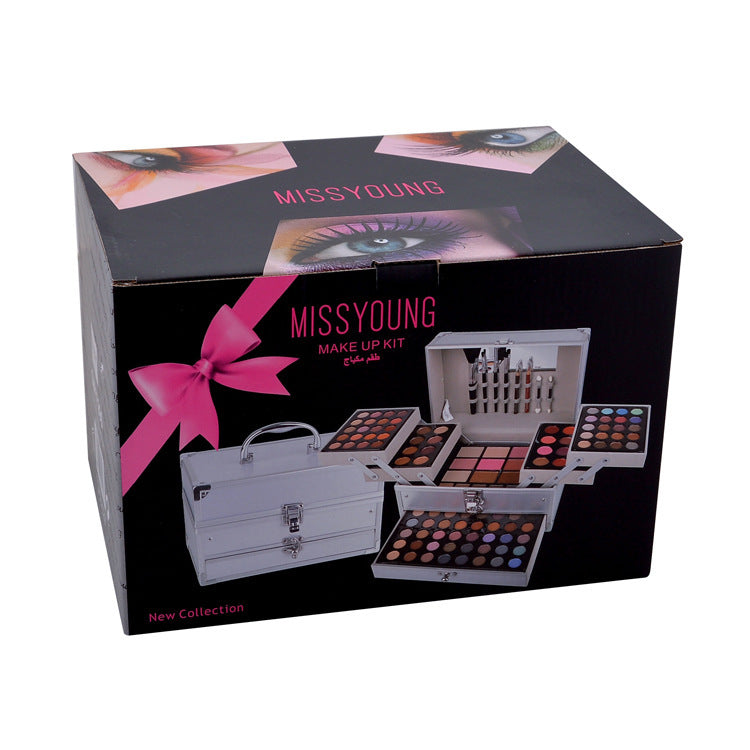 Elegant makeup case with cosmetic products, including lip pencils, blush, and eyeshadows, neatly arranged in a sleek black gift box with a bold pink ribbon, showcasing the "Missyoung" branding.