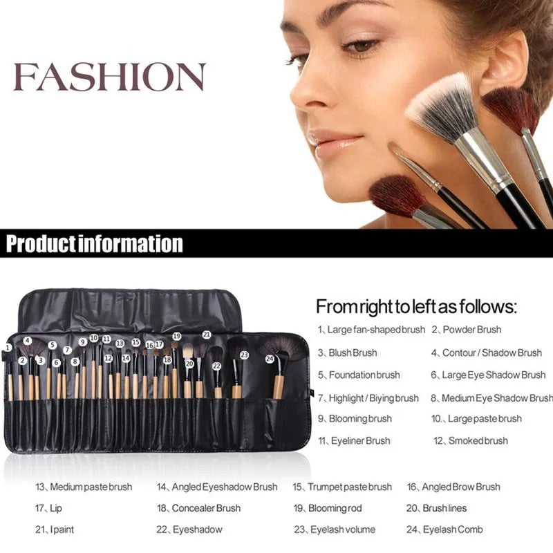 Professional makeup brush set with 24 brushes for eyeshadow, powder, foundation, and contouring. Includes a variety of high-quality brushes for various cosmetic applications.