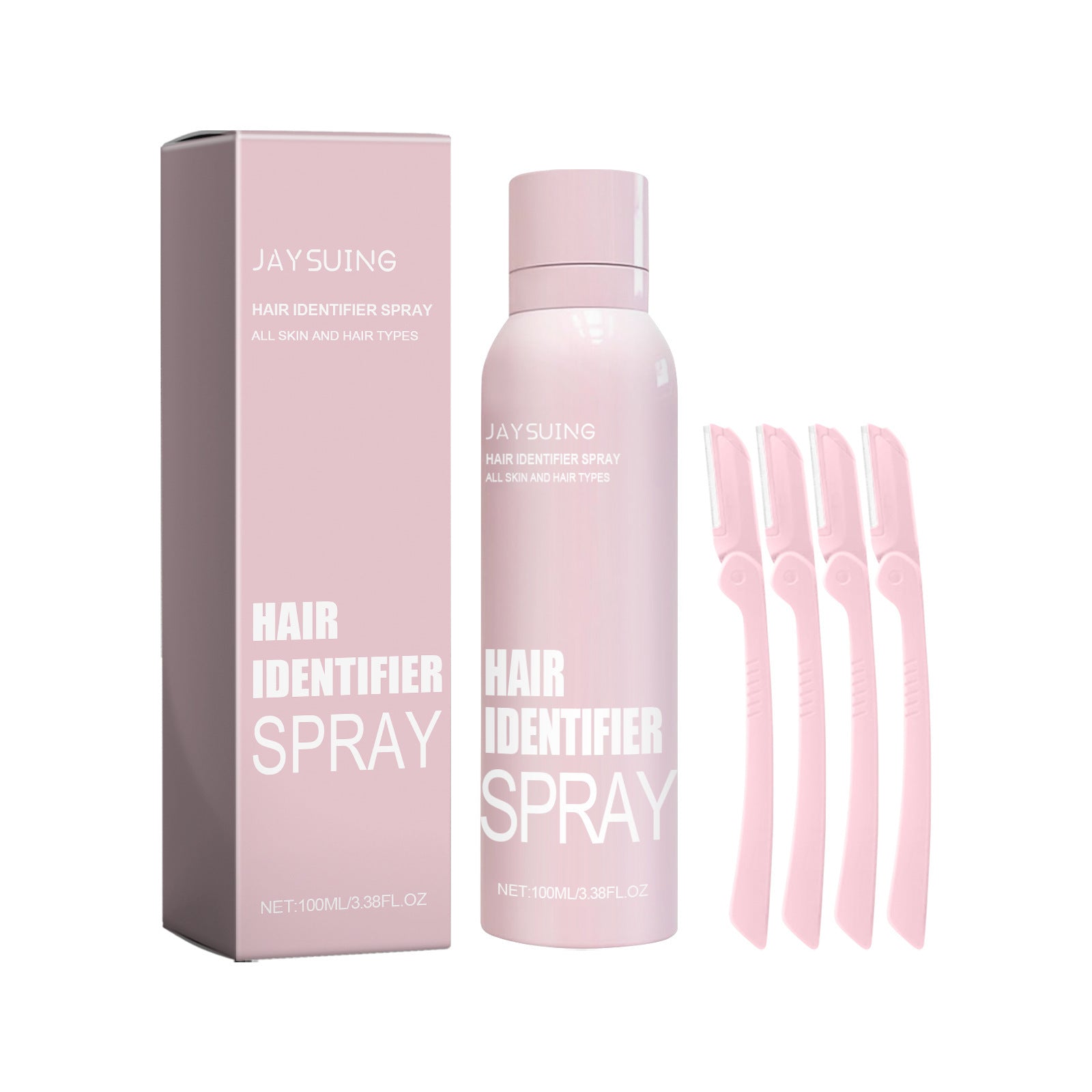 Hair Identifier Spray Set For Face Shaving Moisturizing Dermaplaner Spray by 6ixDrips, containing a pink bottle of spray and four pink applicator tools.