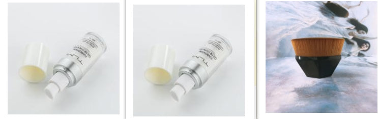 Portable liquid foundation and concealer tube with natural color makeup applicator brush.