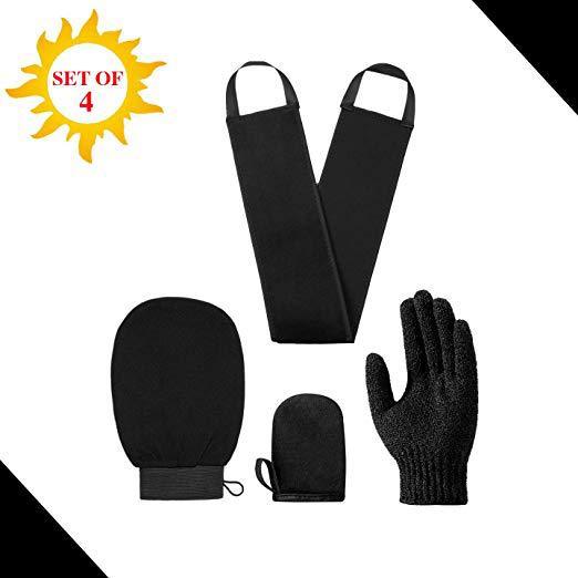 Self Tanning Mitt Applicator Kit, 4-piece Set with Exfoliating Glove, Black Tanning Mittens, Body Buffer, and Gloves