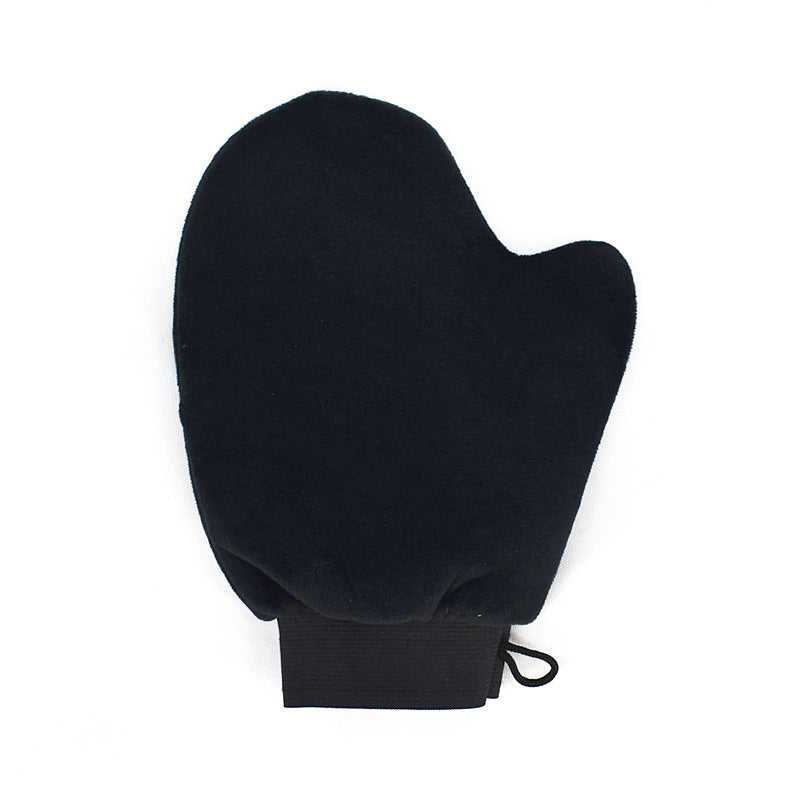 Black self-tanning mitt applicator kit with exfoliating glove for smooth, even skin application.