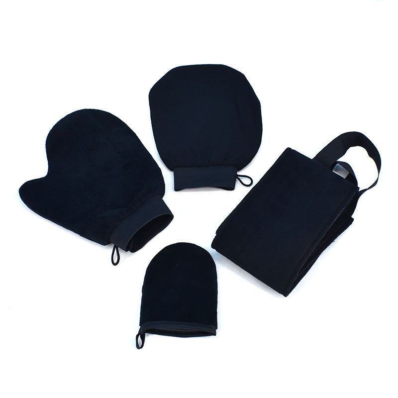 Self Tanning Mitt Applicator Set with Exfoliating Glove - High-quality black mitt and glove for effortless self-tanning and skin exfoliation.