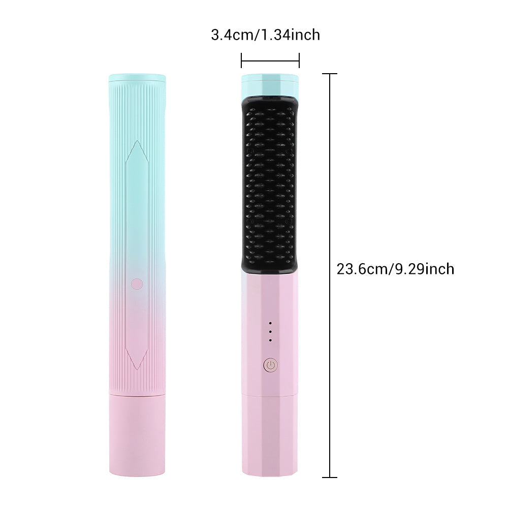 Rechargeable wireless hair straightener and curler in a sleek pink and mint color design with dimensions of 3.4cm x 23.6cm.